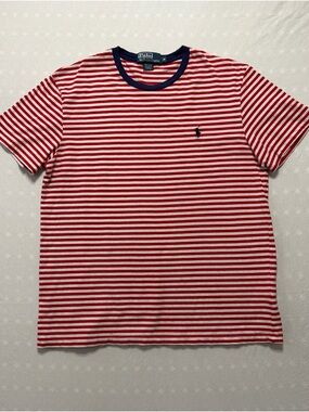 Polo by Ralph Lauren Red & White Striped Short Sleeve Tee with Navy Trim